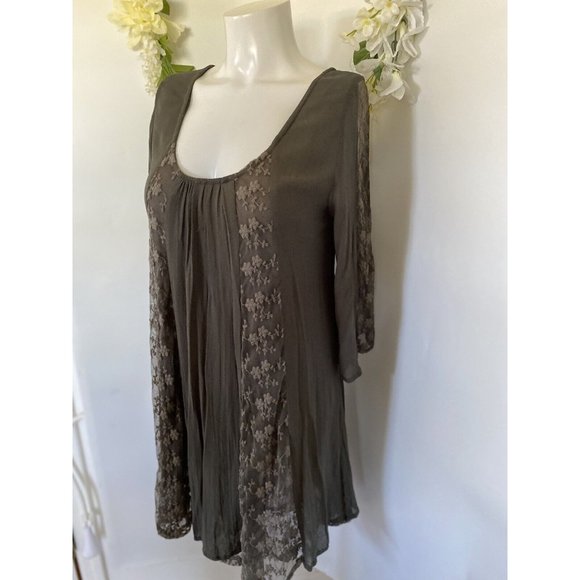 World Market Grey Mini Flare Dress Tunic Women S/M Lace Accents Long Sleeve Vtg - Picture 2 of 16